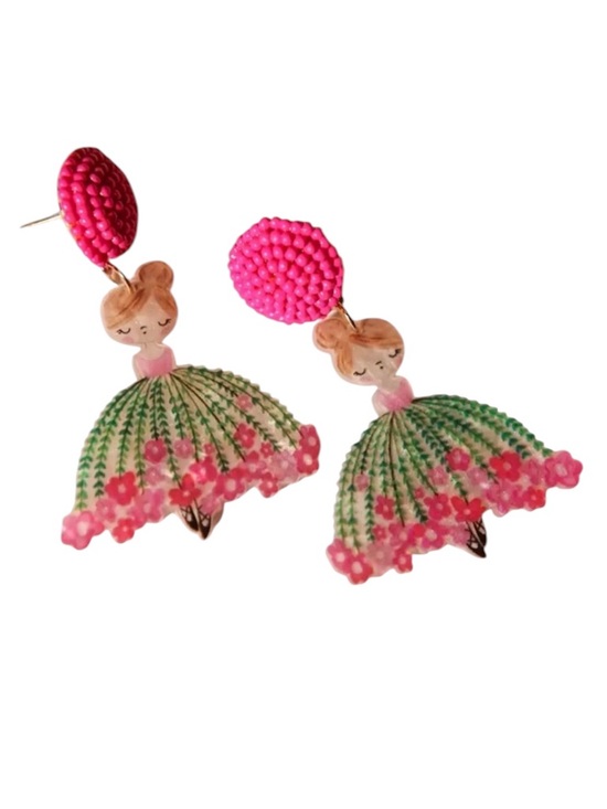 Whimsy_and_Rose Jewelry - Pink and Green Floral Ballerina Earrings